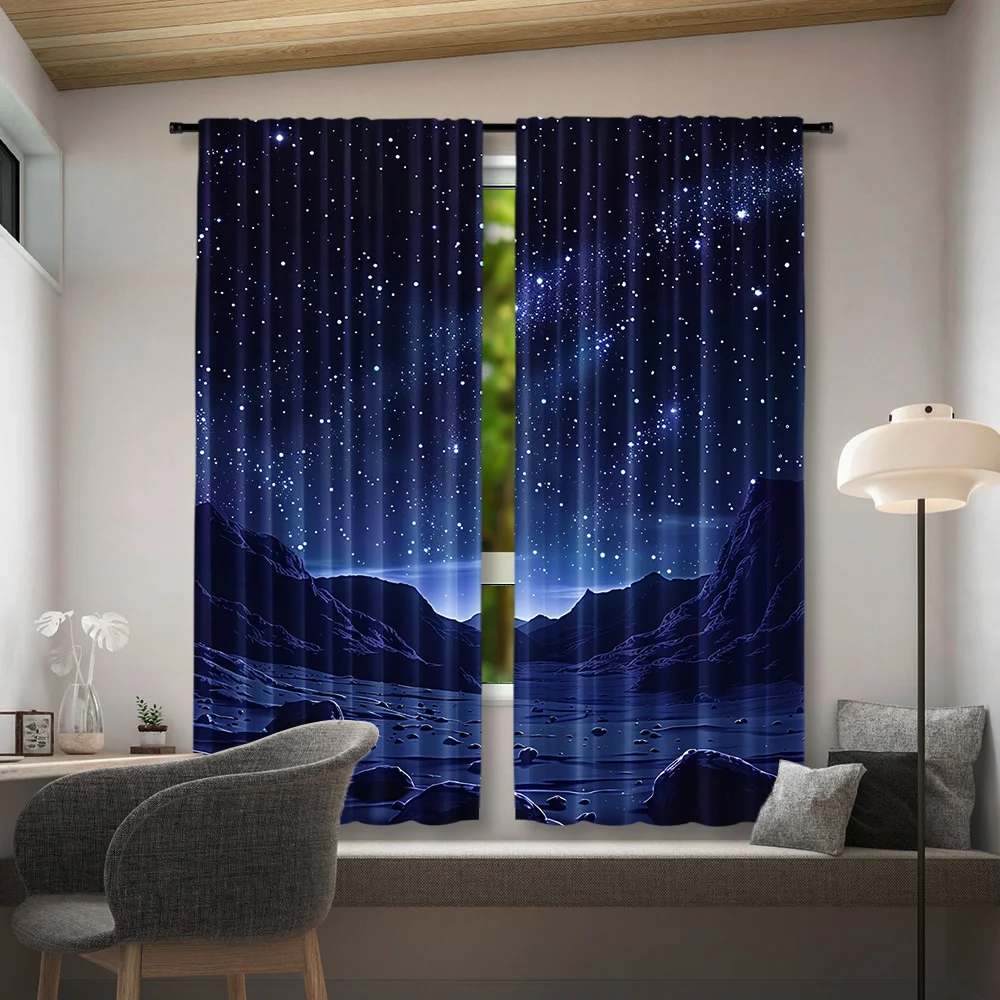 Galaxy Night Sky Curtain Blue Stars Space Landscape Window Drapes for Bedroom Living Room Home Decor