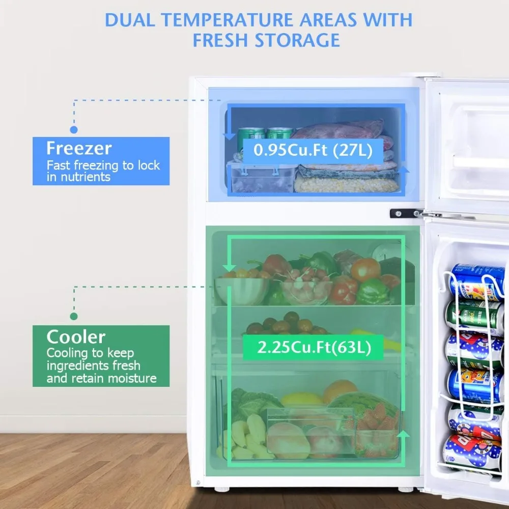 Compact Refrigerator, 3.2 cu ft. Unit 2-Door Freezer Cooler Fridge with Reversible Door, Removable Glass Shelves