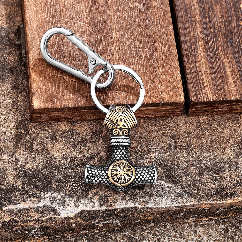 Retro Norse Vikings młot thora brelok mężczyźni złoty kolor stal nierdzewna Mjolnir wisiorek z amuletem prawdziwy skórzany brelok biżuteria