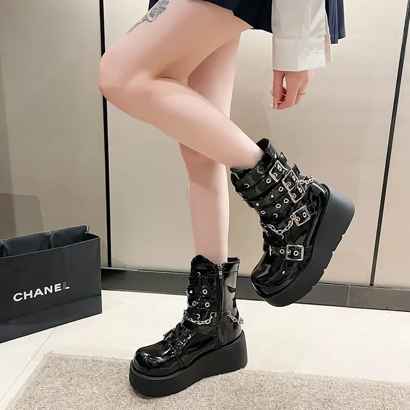 Fashion Big Size 40 Black Gothic Motorcycle Boots Zip High Heel Punk Rivets Chunky Platform Mid-Calf Women Boots Shoes Women