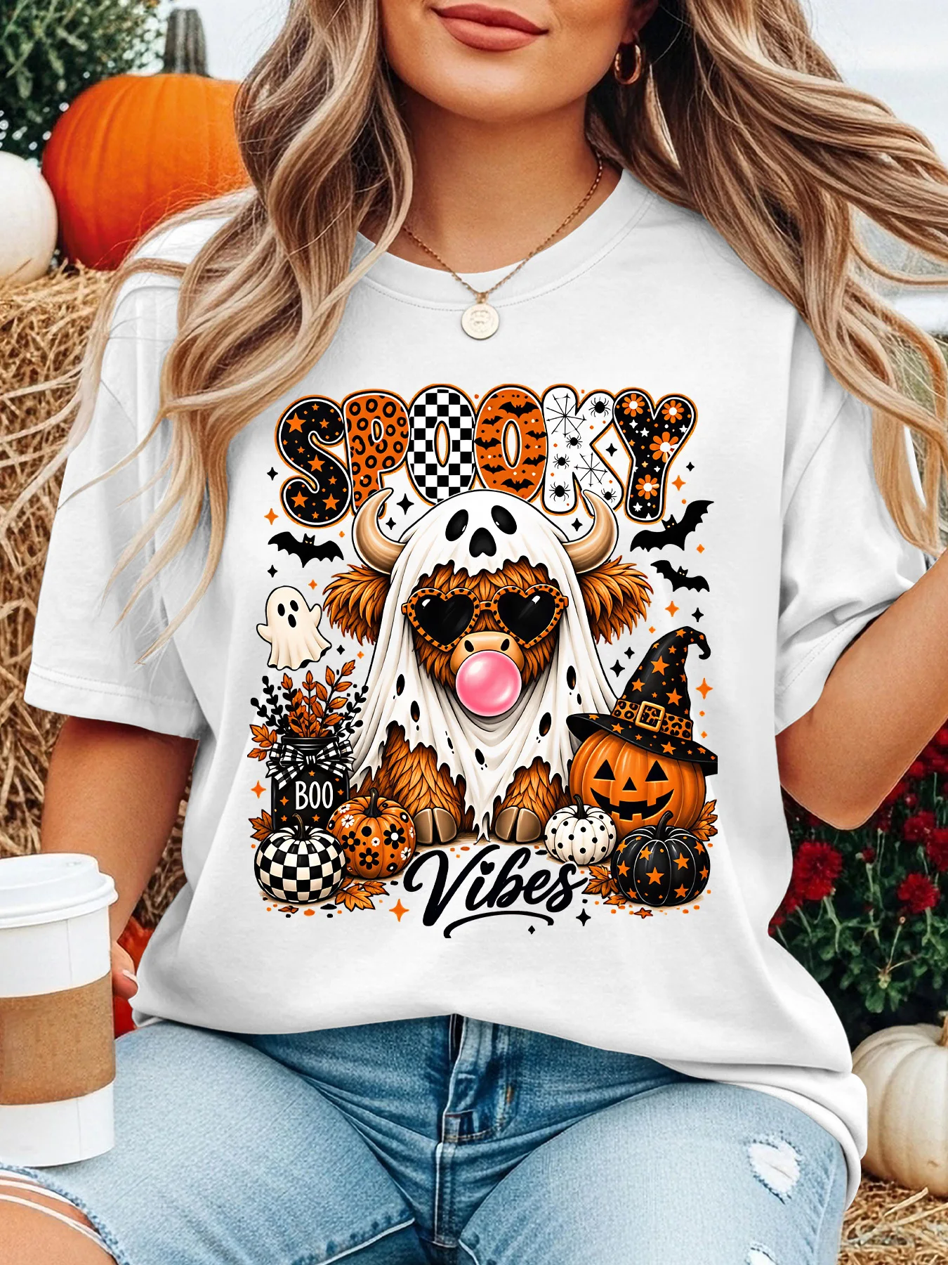 Women Crew Neck Tee Spooky Vibes Ghost Highland Cow Pumpkin Graphic Print Short Sleeve Loose Ladies Cotton Plus Size Casual Top