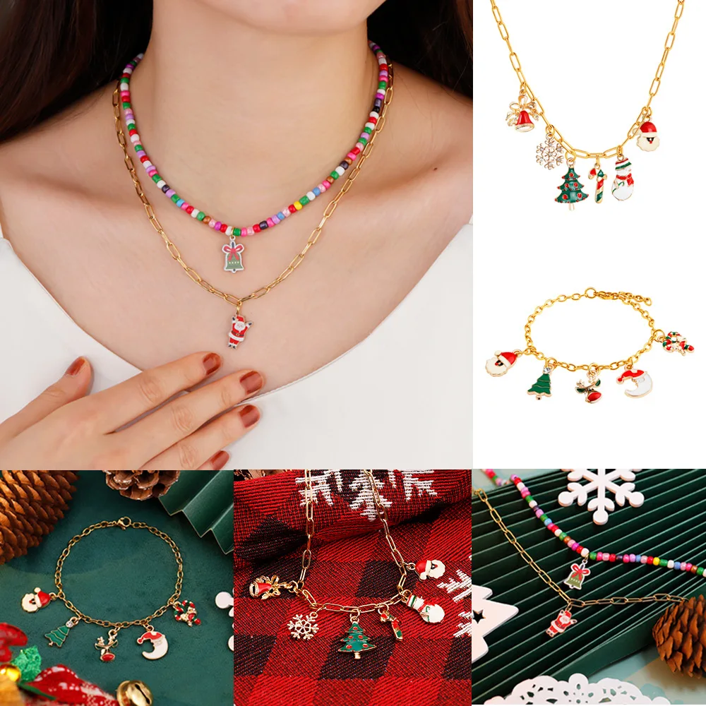 Christmas Necklaces for Women Girls Handmade Rice Beads X'mas Tree Santa Claus Snowman Gift Necklace Pendant New Year Jewelry