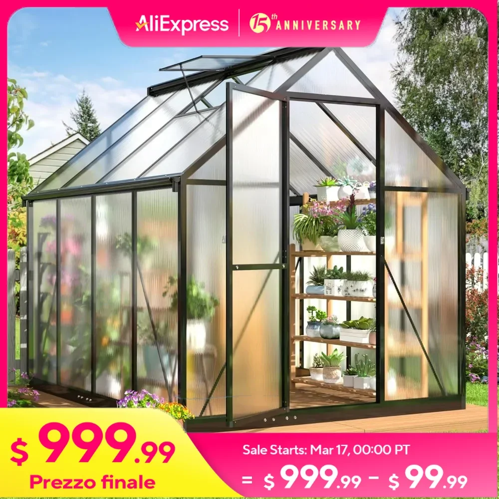 6x7.5 FT Greenhouse for Outdoors,Polycarbonate Greenhouse with Quick Setup Structure and Roof Vent,Aluminum Large Greenhouse