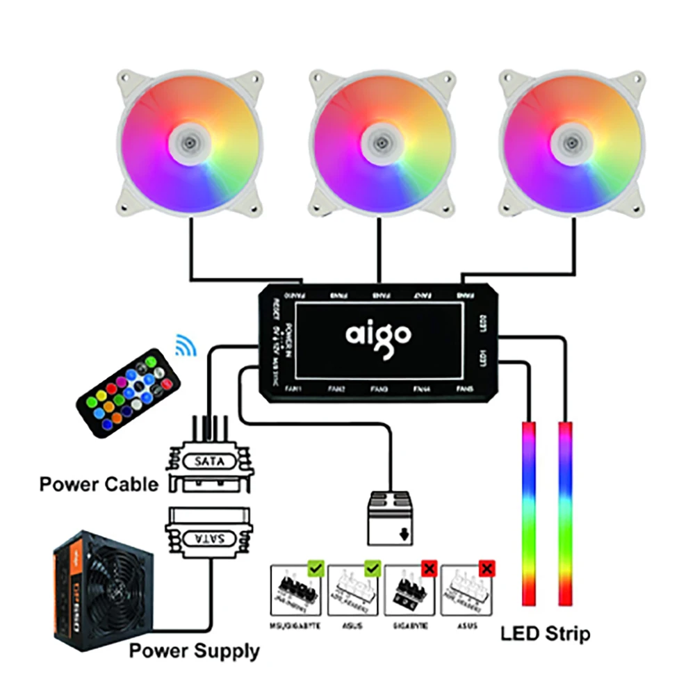 Aigo AR12 흰색 120mm RGB 팬 환풍기, PC 게이머 컴퓨터 케이스 키트, 팬 냉각 쿨러, 12cm 속도 조정, 12V ARGB 팬, ventoinha