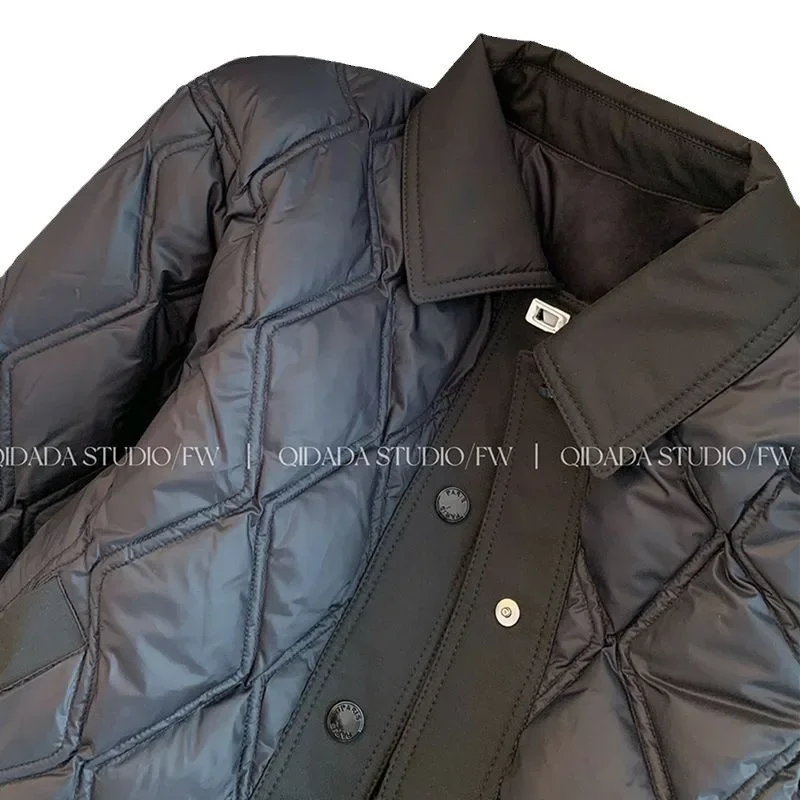 Vêtements en coton matelassé en losange noir pour femmes, revers à simple boutonnage, vêtements d'extérieur avec poches, veste légère en coton pour les déplacements