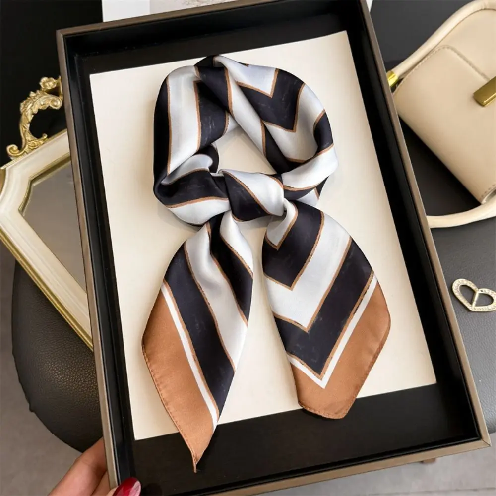 Geometric Stripes Print Silk Square Scarfs Soft Print Design Women Scarfs Square Shape Silk Fabric Foulard Bandana Daily Wear