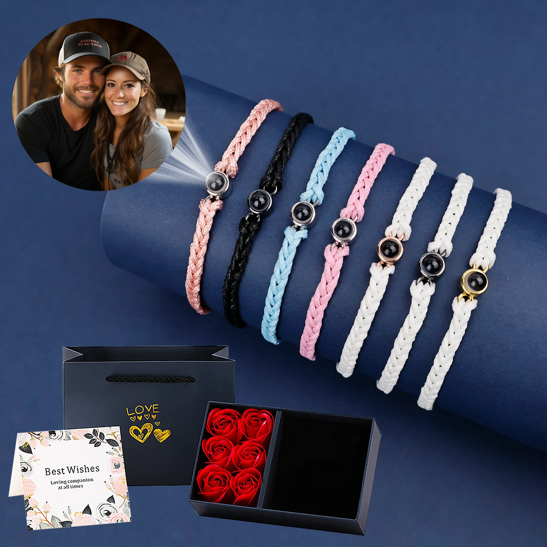 

Custom Photo Bracelet Personalize Projection Bracelets With Picture Inside With Rose Gift Box For Women Men Couple Memorial Gift