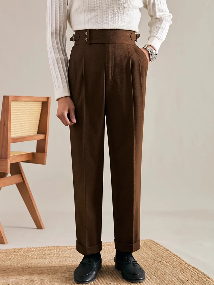 Trendy High Waist Belt Design Suit Trousers For Mens Spring Fall Casual Solid Color Pleated Slim Pants Men Vintage Straight Pant