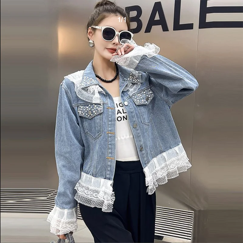 Stunning Beaded Denim Jacket for Women Spring Autumn 2026 Fashion Design Lace Trimmed Jacket Top