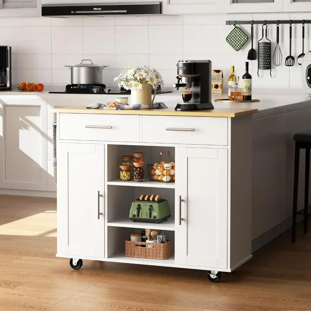 Kitchen Storage Island Cart with 3 Open Shelves, 2 Drawers and 2 Cabinets, Kitchen Cart on Wheels with Handle/Towel Rack, White