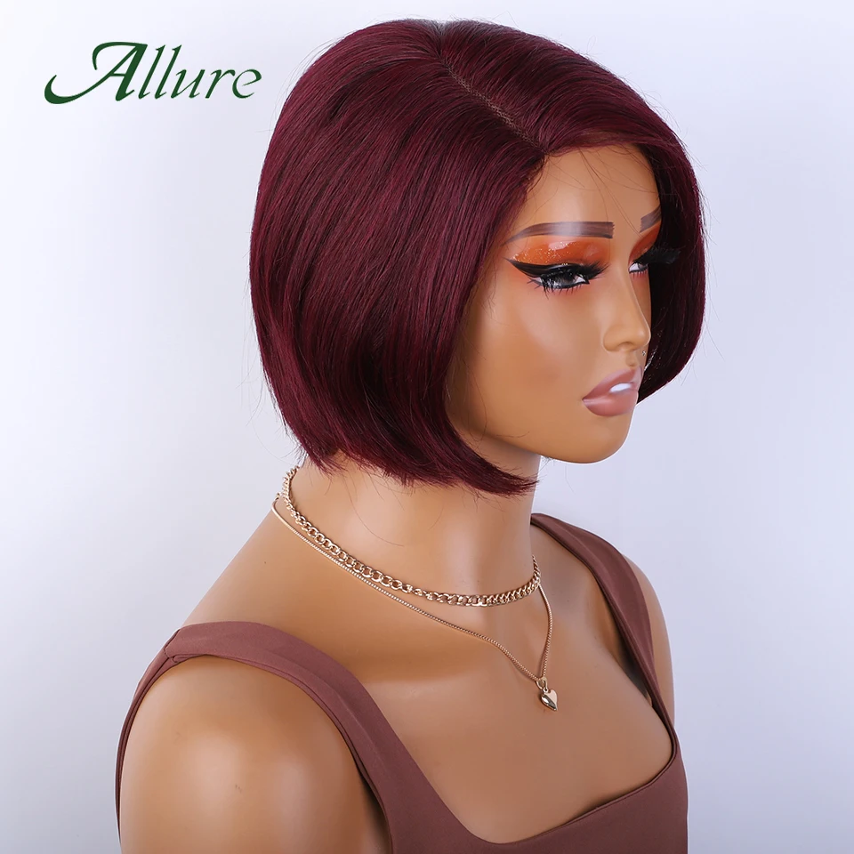 

Brazilian Human Hair Lace Wigs For Black Women 99J Colored Hair Short Bob Wig Straight Hair T Part Lace Wigs Preplucked Allure