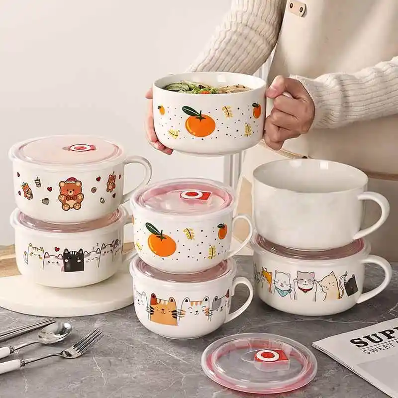 Tazón de cerámica para sopa, tazón de arroz con tapa y asa, apto para microondas, tazón para mantener la frescura, práctico t...