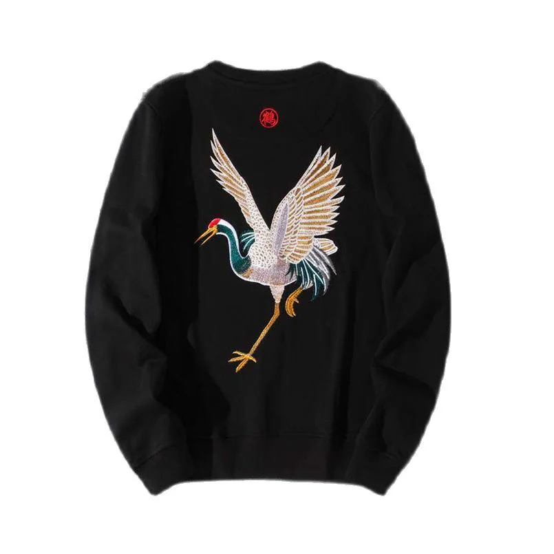 Sukajan Crane Embroidery Chinese Men's Trendy Sweatshirt Spring Autumn Round Neck Loose Couple Hoodies 2025 Z1