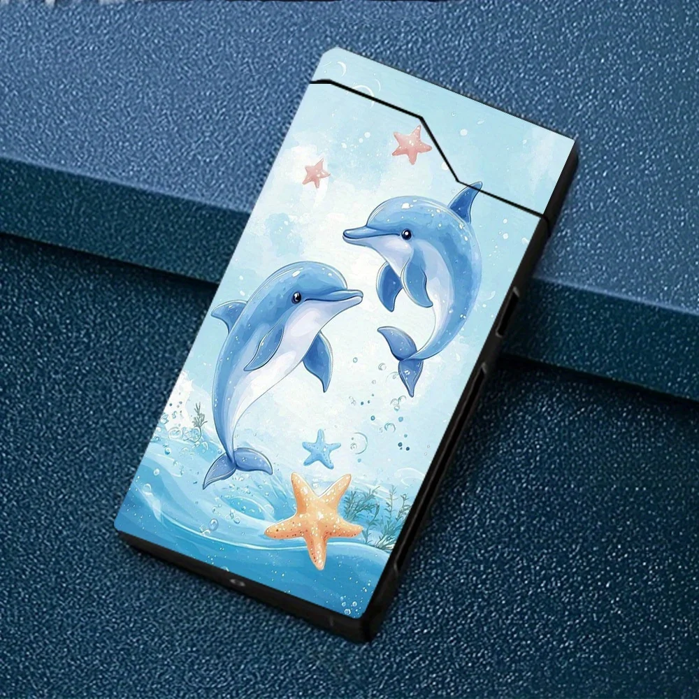 A Windproof Electric Arc Lighter Featuring a Scene of Two Dolphins Playing. It Includes an Electronic Lighter, Windproof Design, Metal Casing, Battery Level Display, Type-C Charging, Dual Arc, Gift Box Packaging, Power Cut-Off Program