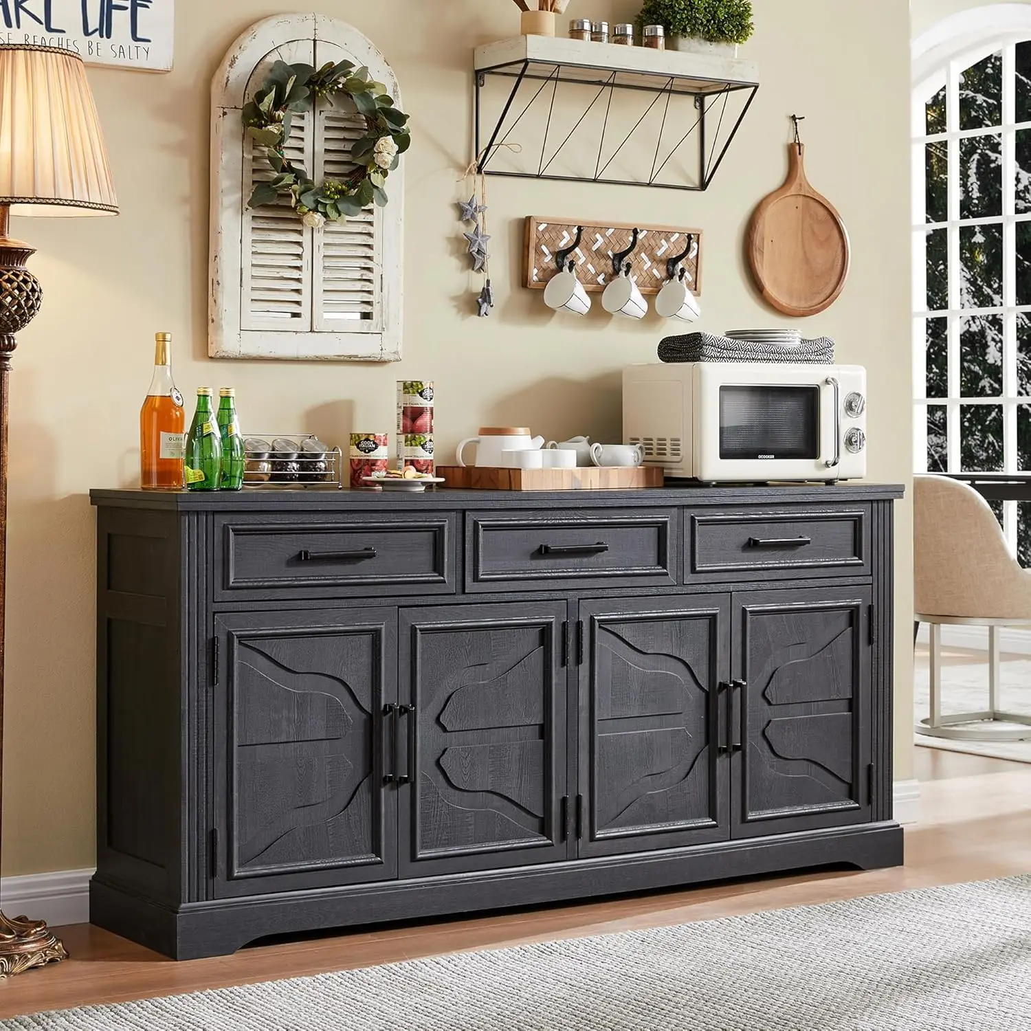 JXQTLINGMU Aparador Buffet grande de 66" con 4 puertas y 3 cajones, mesa de Buffet, cafetería, bar, vino, gabinete de almacenamiento para D