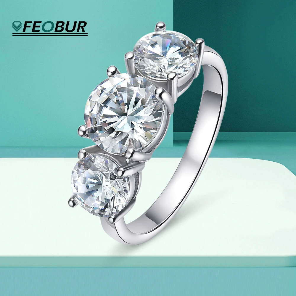 

FEOBUR 2/4CT Real Moissanite Ring for Women 925 Sterling Silver No Fade Three Diamond Engagement Rings Wedding Band Jewelry