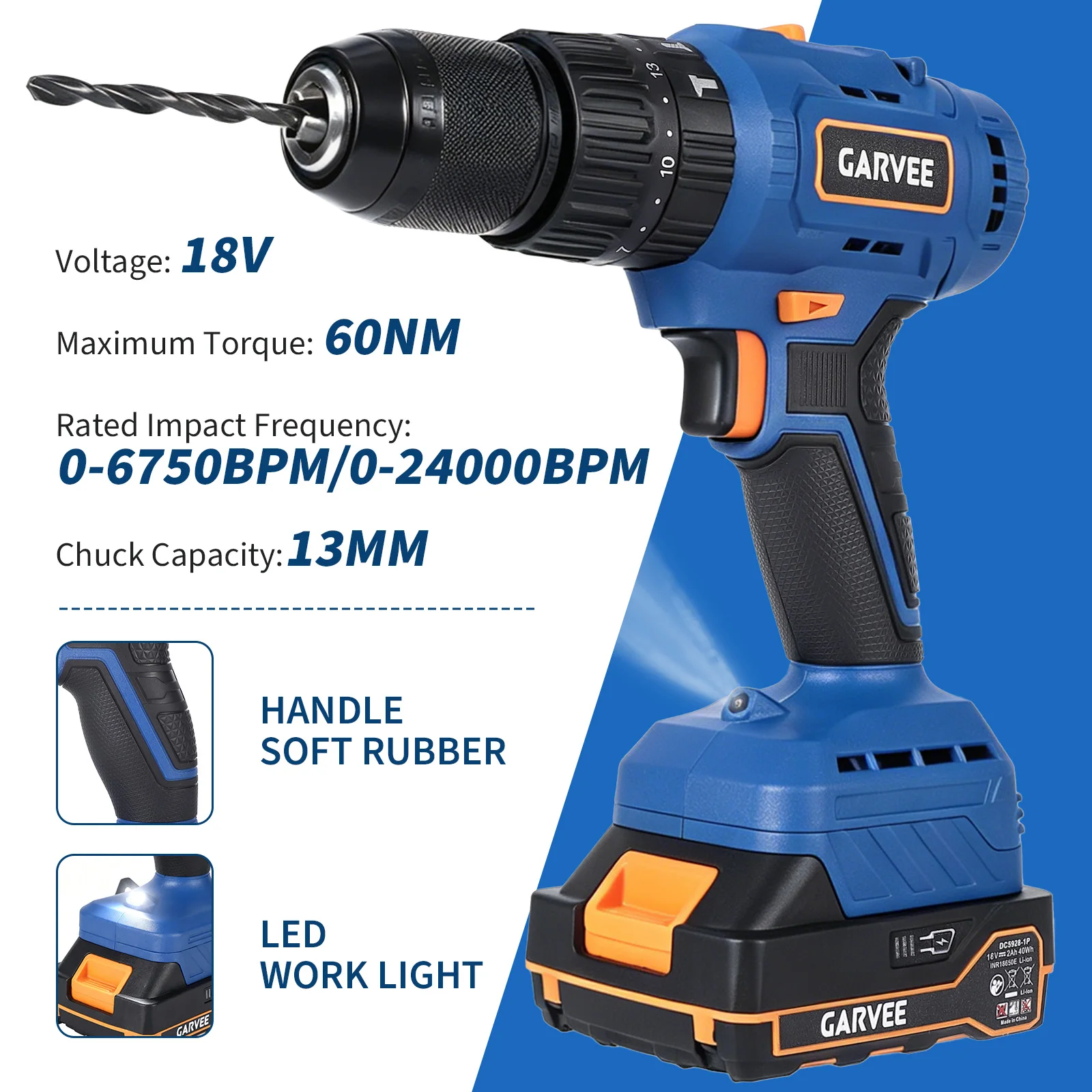 Taladro percutor inalámbrico de 18 V con motor sin escobillas, 60 Nm, con batería de 2000 mAh, portabrocas metálico de 1/2", embrague