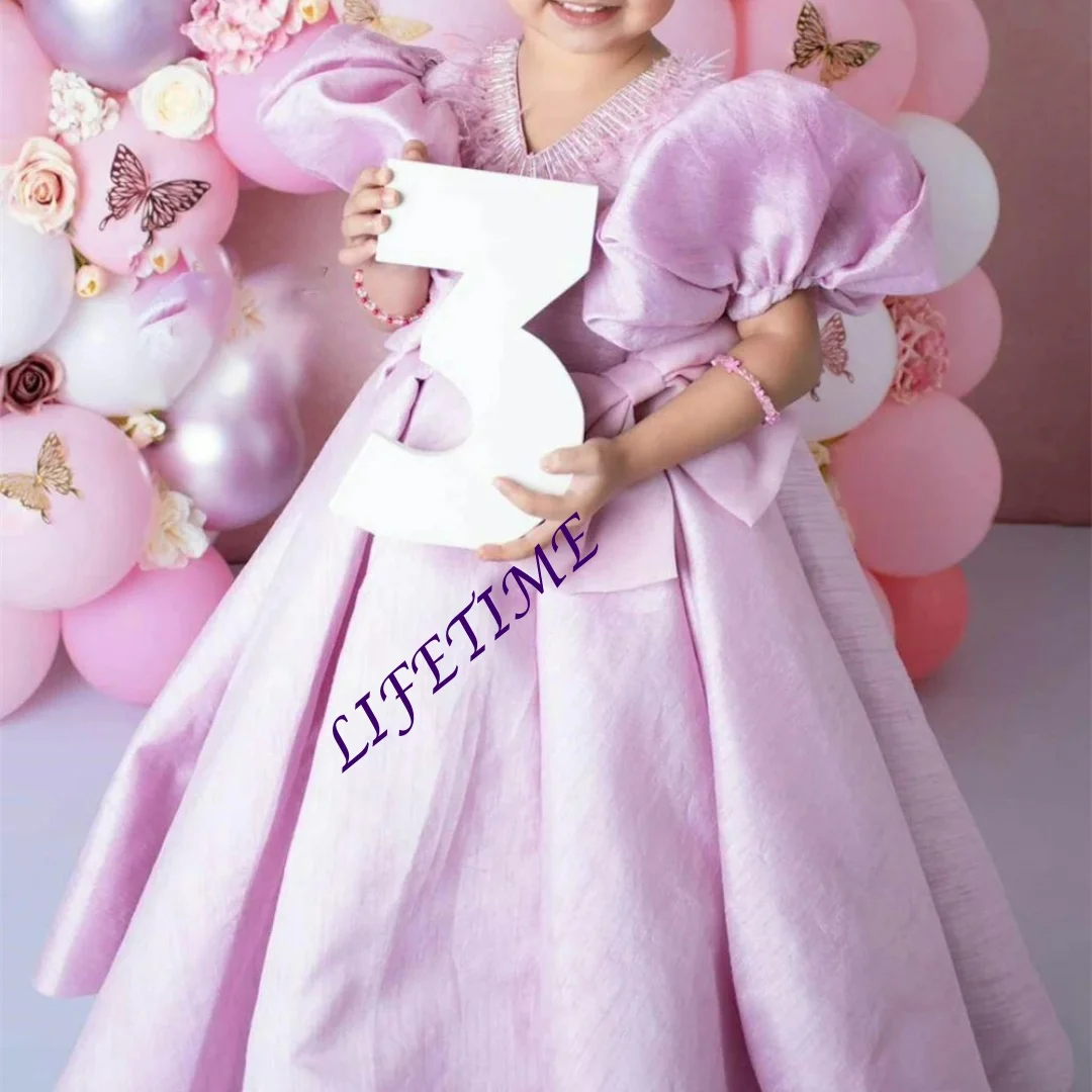 فاخر ريشة الخامس الرقبة نفخة الأكمام ألف خط الطية زهرة فتاة فستان طول الأرض كلاسيكي أنيق ثوب التواصل الأول مخصص #5