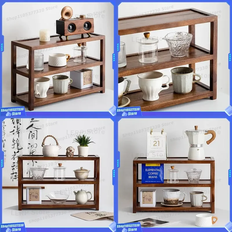 Creative Solid Black Walnut Three Layer Rack Desktop Tea Set Storage Shelf Living Room Decoration Stand Factory Direct