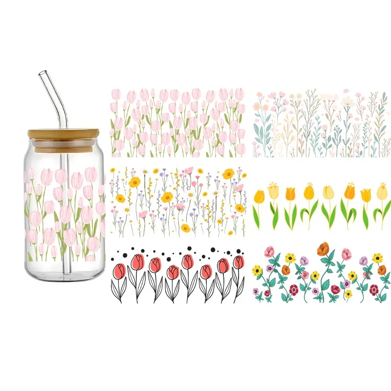 3D Flower Theme UV DTF 16oz Wraos Cup Waterproof Durable Transfer Sticker Hot Sale Cartoon Design Sticker DIY