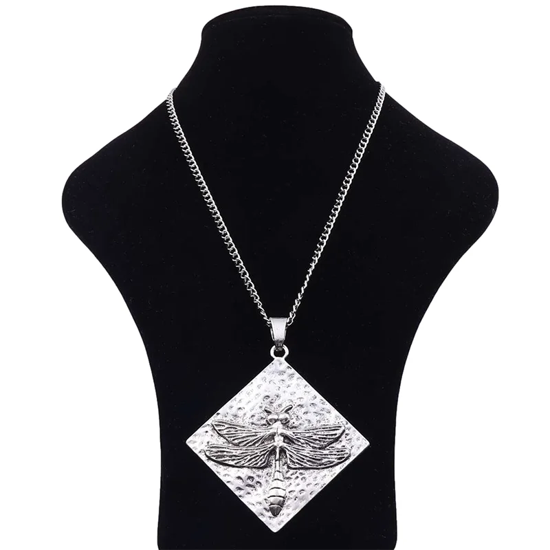 

1 Piece Tibetan Silver Fashion Large Hammered Dragonfly Jewelry Pendant Geometry Necklace on Long Link Chain Lagenlook 34"