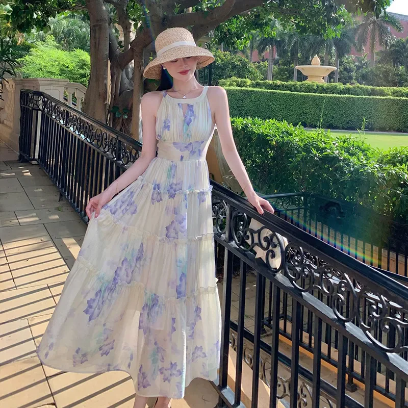 Robe de plage française élégante pour femmes, imprimé floral, style Boho, longue, taille haute, à volants, été