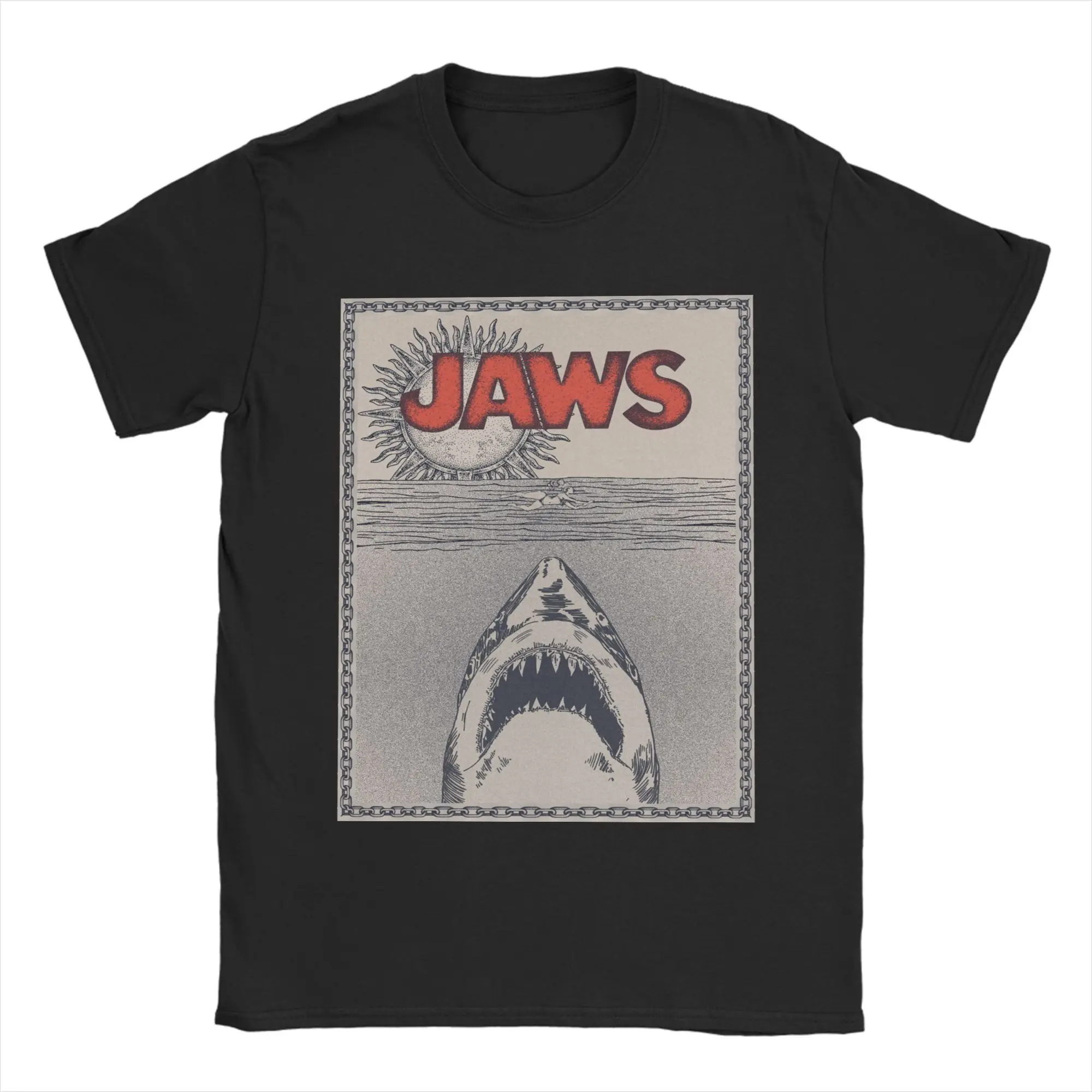 

Jaws 50th Anniversary Poster Chain Border T-Shirt Men Novelty 100% Cotton Tee Shirt O Neck Short Sleeve T Shirt Original Clothes