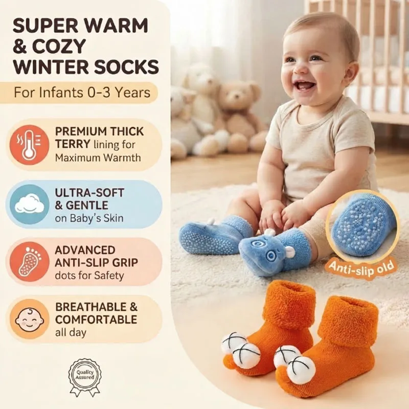 Unisex Autumn Winter Terry Thick Warm Anti Slip Dot Grip Floor Socks for Indoor Home Casual Walking Everyday Soft Cozy Socks