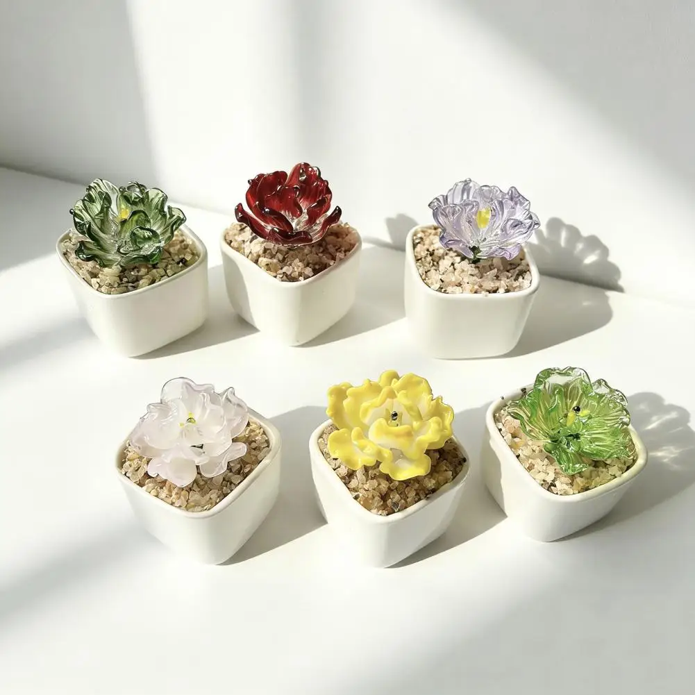 Never Wither Flower Gift Handmade Mini Glass Flower Figurine Cute Small Faux Crystal Bouquet in Pot Unique Gift for Mother's Day