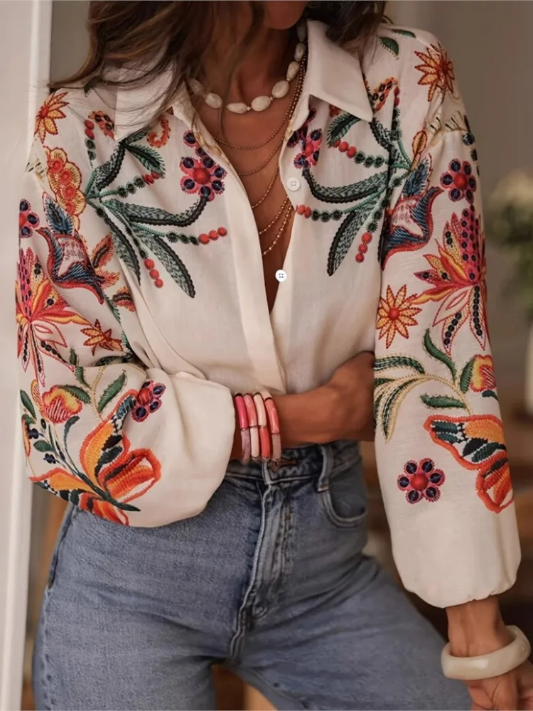 

Casual Floral Print Shirt Lady Fashion Long Sleeve Turn-down Collar Button Shirts Tops For Women Boho Holiday Womens Clothing