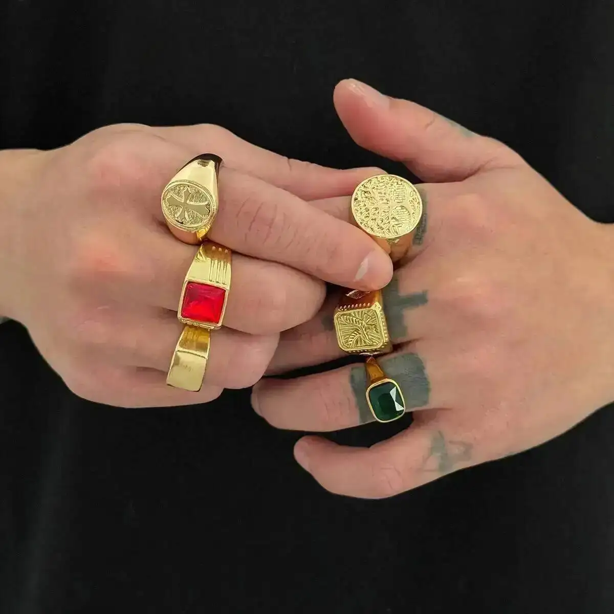 KunJoe 6Pcs/Set Vintage Gold Color Signet Chunky Wedding Charm Rings Men Punk Charm Acrylic Rhinestone Finger Ring Jewelry Gift