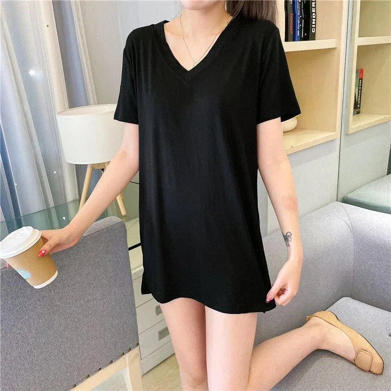 V-neck Solid Color Short Sleeve Thin Can Be Worn Outside Long T-shirt Side Slit Loungewear Loose Modal Summertime New Style Ms.