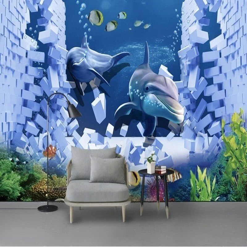 

3D стереоскопическая фоновая стена детской комнаты в океанском мире разбивает сквозь стену.
