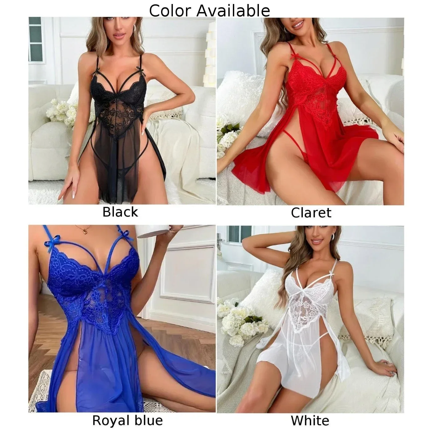 Sexy Women Lace Crotchless Lingerie Nightgown Thong Set Erotic Dress Underwear Temptation Camisole Transparent Ladies Sleepdress