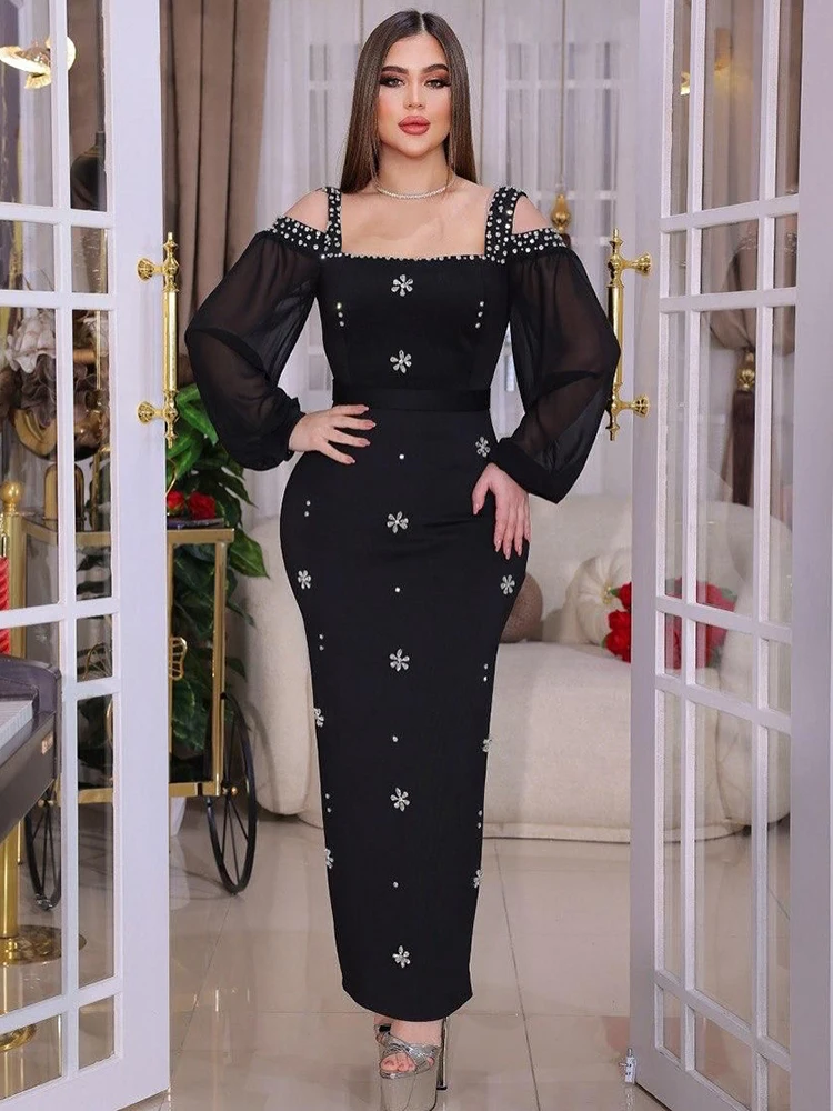 Robes de soirée blanches élégantes à manches longues avec manches bouffantes transparentes et encolure carrée pour les fêtes formelles et les occasions spéciales