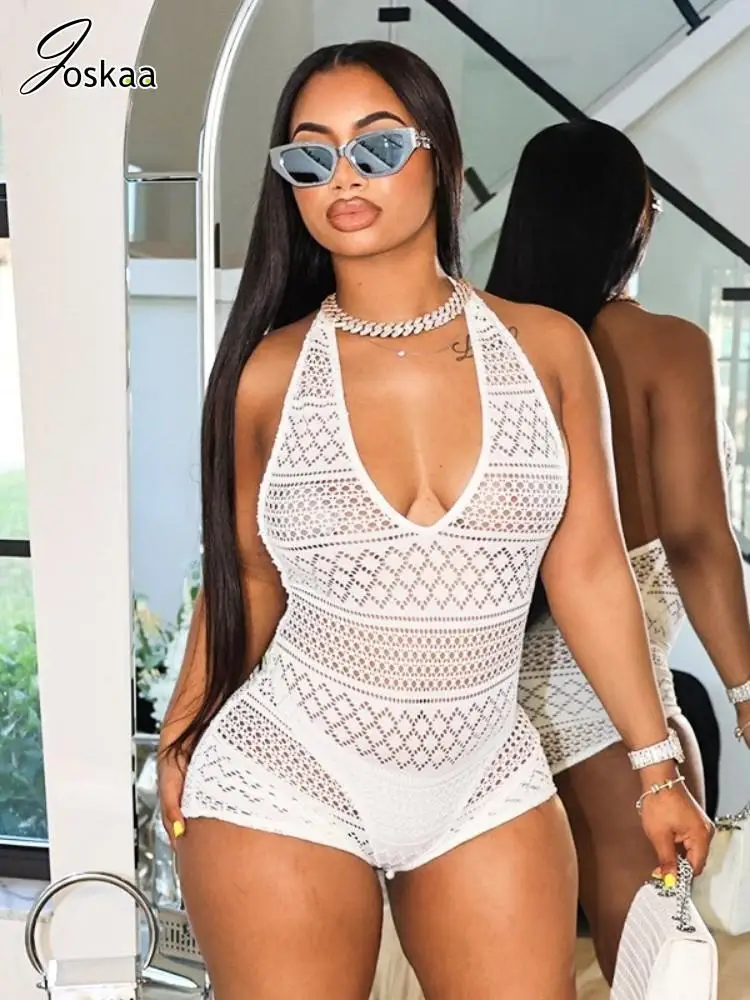 Joskaa 섹시한 레이스 자카드 시스루 화이트 플레이수트 여성용 홀터 딥 브이넥 백리스 스키니 오버롤, 2025 휴가 비치웨어