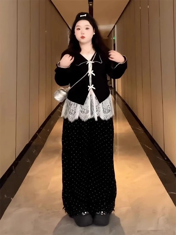 

Модный повседневный комплект из трех предметов больших размеров (до 300 фунтов) для женщин: осенний топ с кружевной отделкой, брюки с широкими штанинами на бретелях