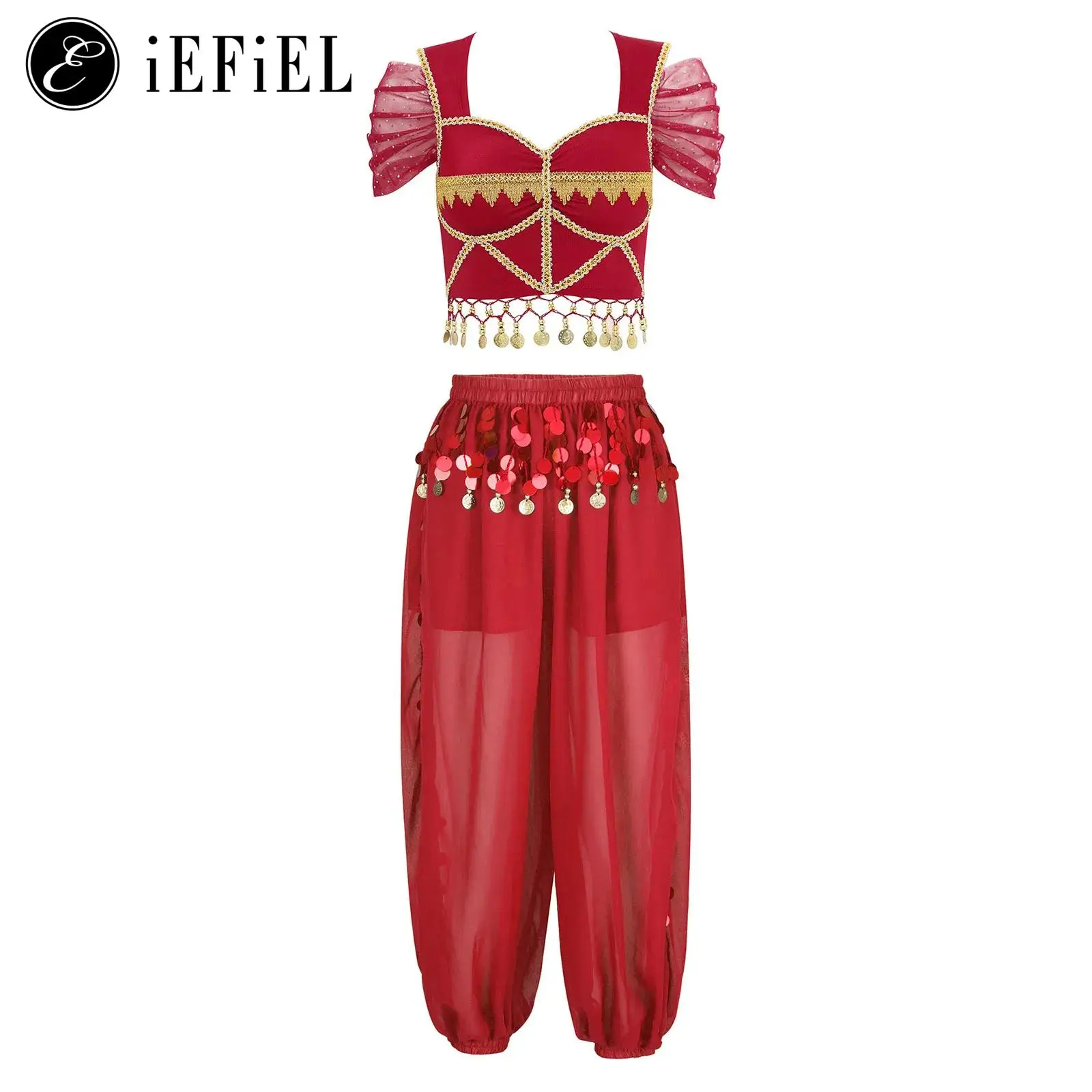 

Women's Arabian Princess Bally Dance Costume Off Shoulder Tassel Top with Harem Pants Bollywood Stage Performance Outfit