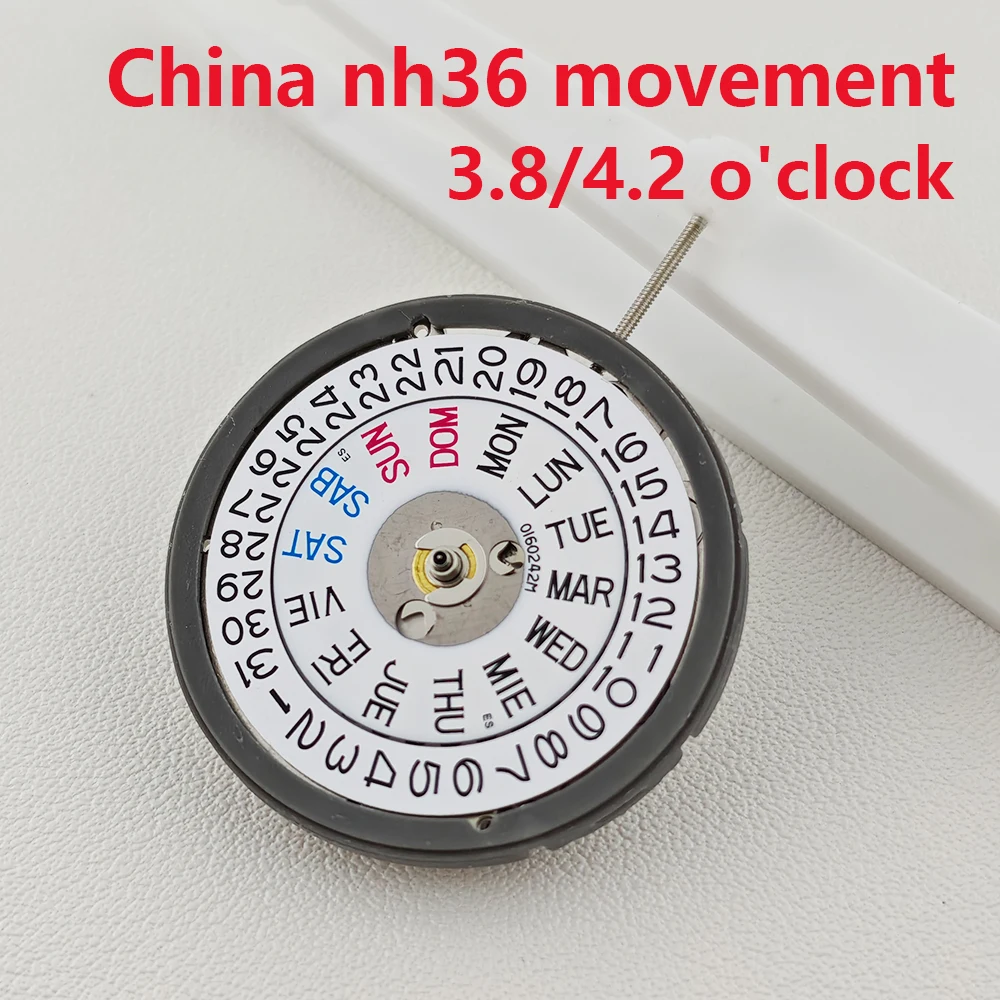 China NH36 Movement 3.8/4.2 O'clock Automatic Movement English Dual Calendar 24 Jewels Mod Replacement NH36 Movement