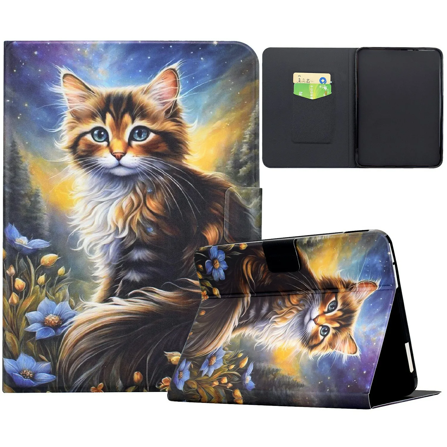 For Amazon Kindle Paperwhite (2024) Case Pattern Printing Stand Leather Tablet Cover with Card Slots - Starry Night Cat
