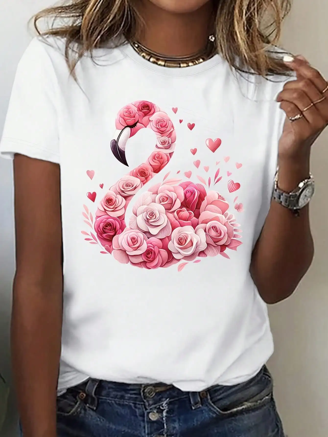 تي شيرت نسائي أنيق برسومات Flamingo & Rose - 100%، ناعم ومسامي، مثالي للربيع/الصيف/الخريف