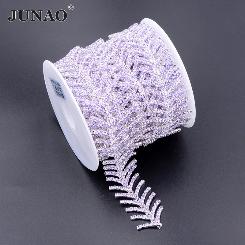 

JUNAO 1 Yard Violet Willow leaves Sewing Glass Rhinestone Chain Flatback Crystal Silver Base Strass Banding For Wedding Dress