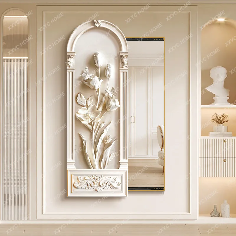 Cream wind hidden push-pull full-body mirror decorative painting three-dimensional flower porch invisible full-length mirror