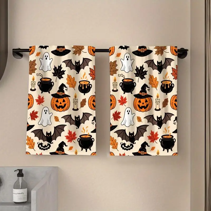 Pack of 2, Pumpkin Grimace Ghost Bat Printed Rustic Towel Dish Towel Hand Towel