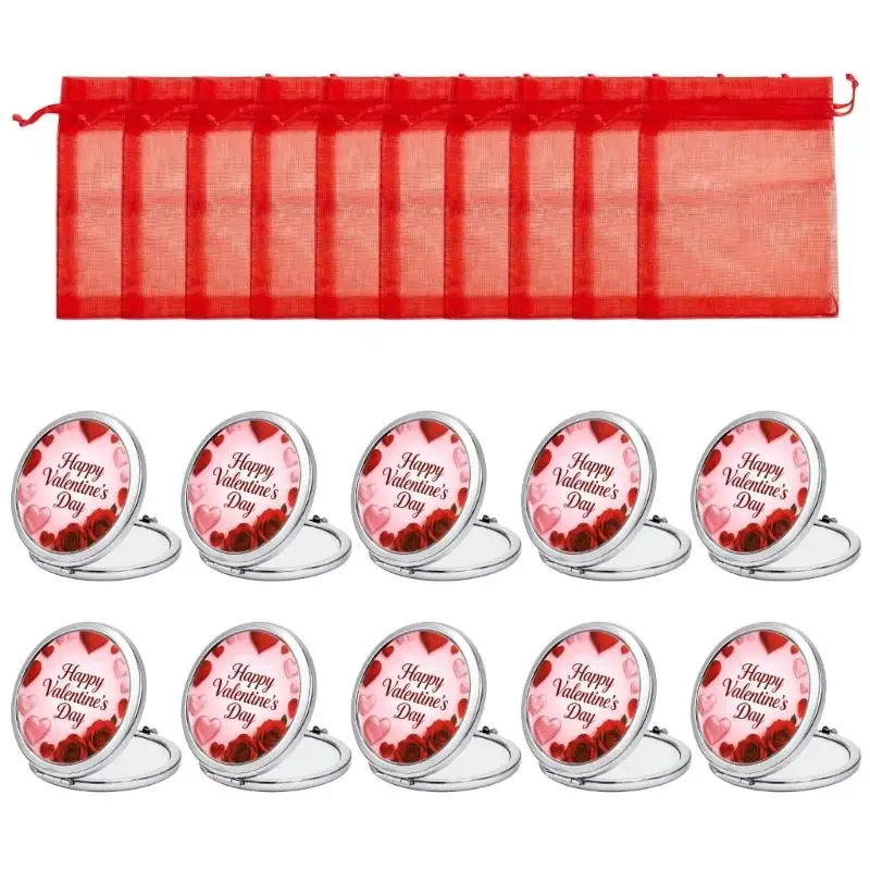 E8BD Round Purse Mirror Set with Heart Rose Artwork, Folding Two Panel Case for Event Tables, Carry Bags, and Daily Grooming