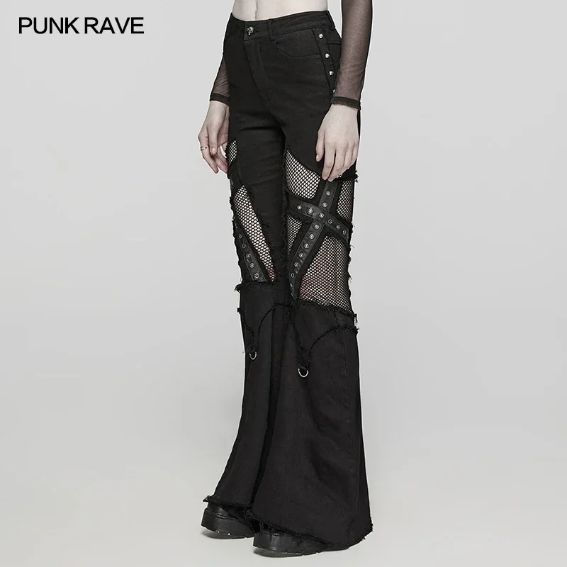 PUNK RAVE Women's Punk Denim and Mesh Hollow Cross Eyelets Pants Gothic Daily Women Trousers  Spring/Autumn