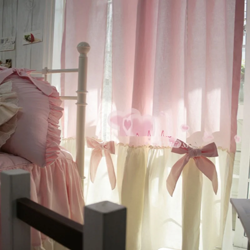 2 pcs 100% Cotton Romantic Princess Curtains for Girl\'s Bedroom Sweet Pink Cortinas with Valance Bowties Pastoral Ruffles Drapes