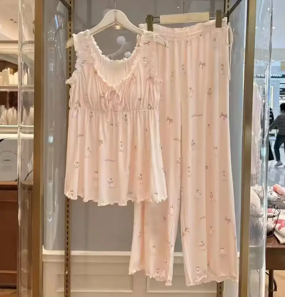 女の子用パジャマ　無地　ソフトクリーム柄　蝶々とウサギ　可愛いベストパンツ　レディースホームウェアパジャマ