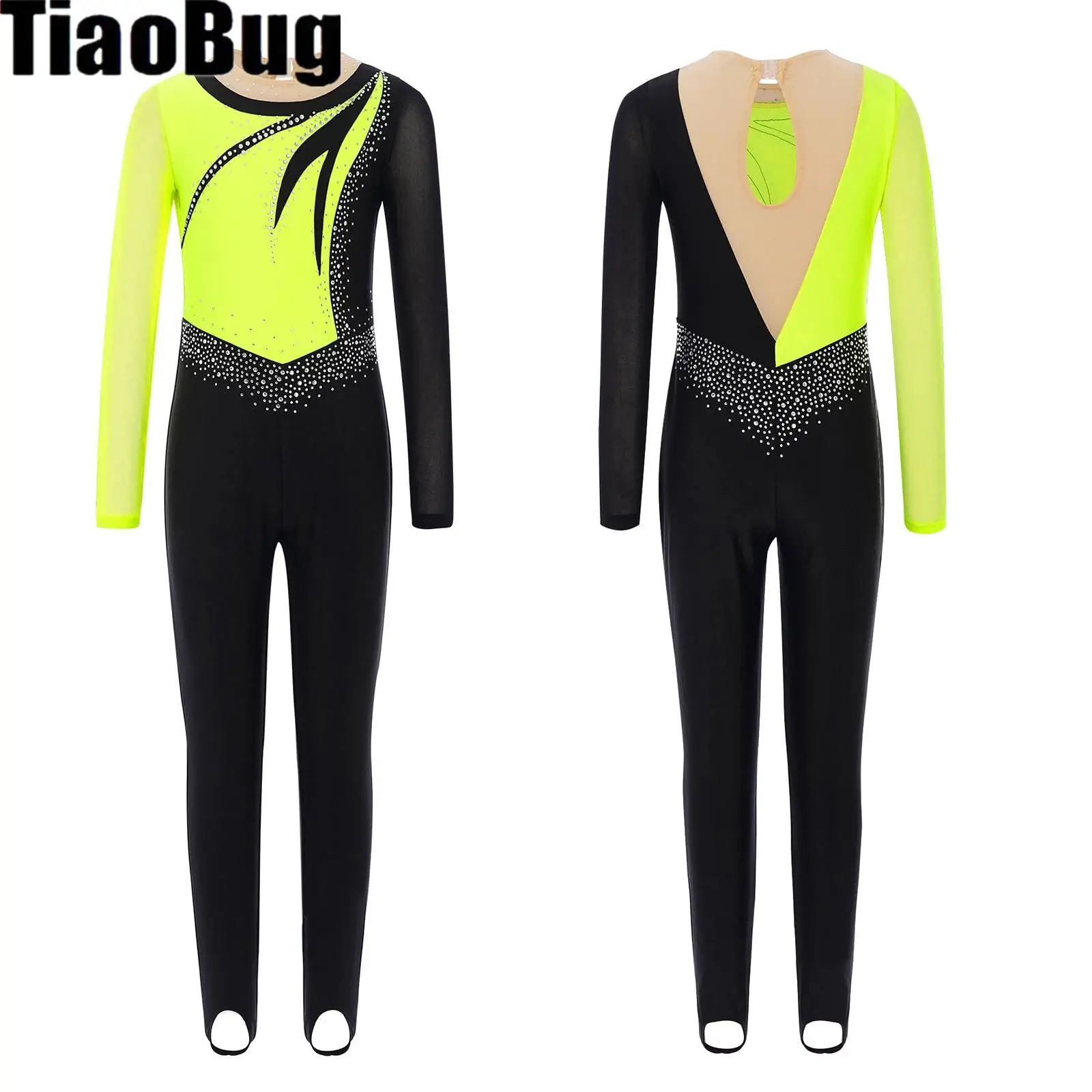 

Girls Long Sleeves Gymnastics Dance Jumpsuit Mesh Patchwork Color Block Rhinestone Ballet Dance Leotard Skating Bodysuit Costume