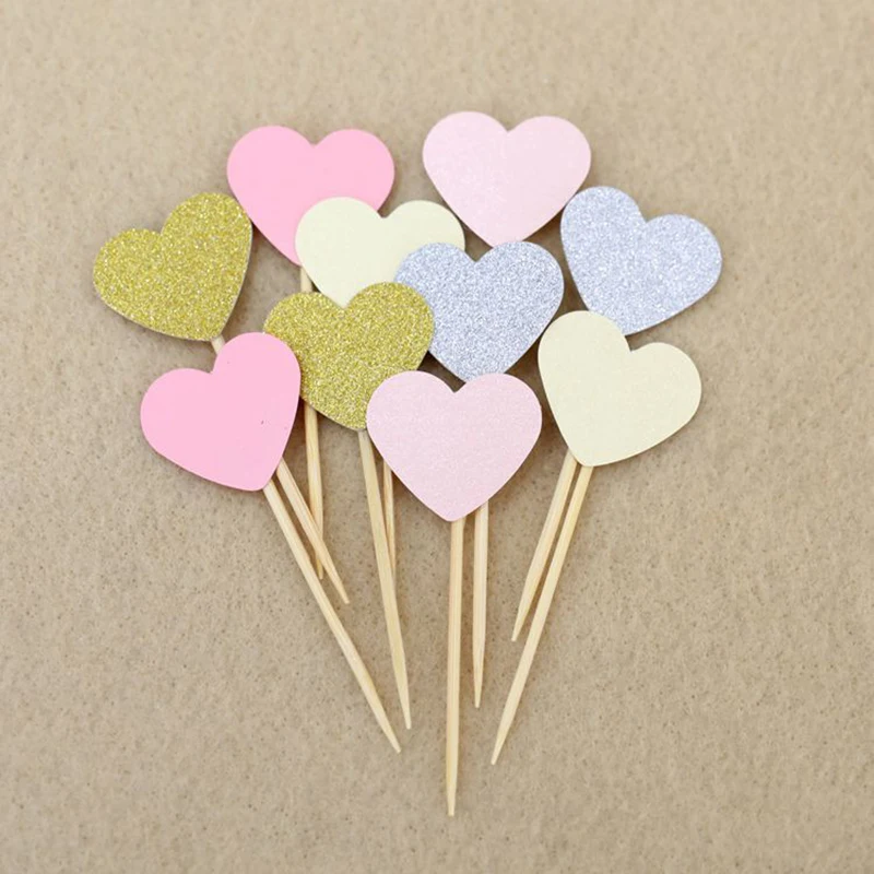 30pcs Cupcake Decorating Disposable Party Tableware Fruit Dessert Sticks Fun Pink Heart Glitter Mini Birthday Wedding Supplies